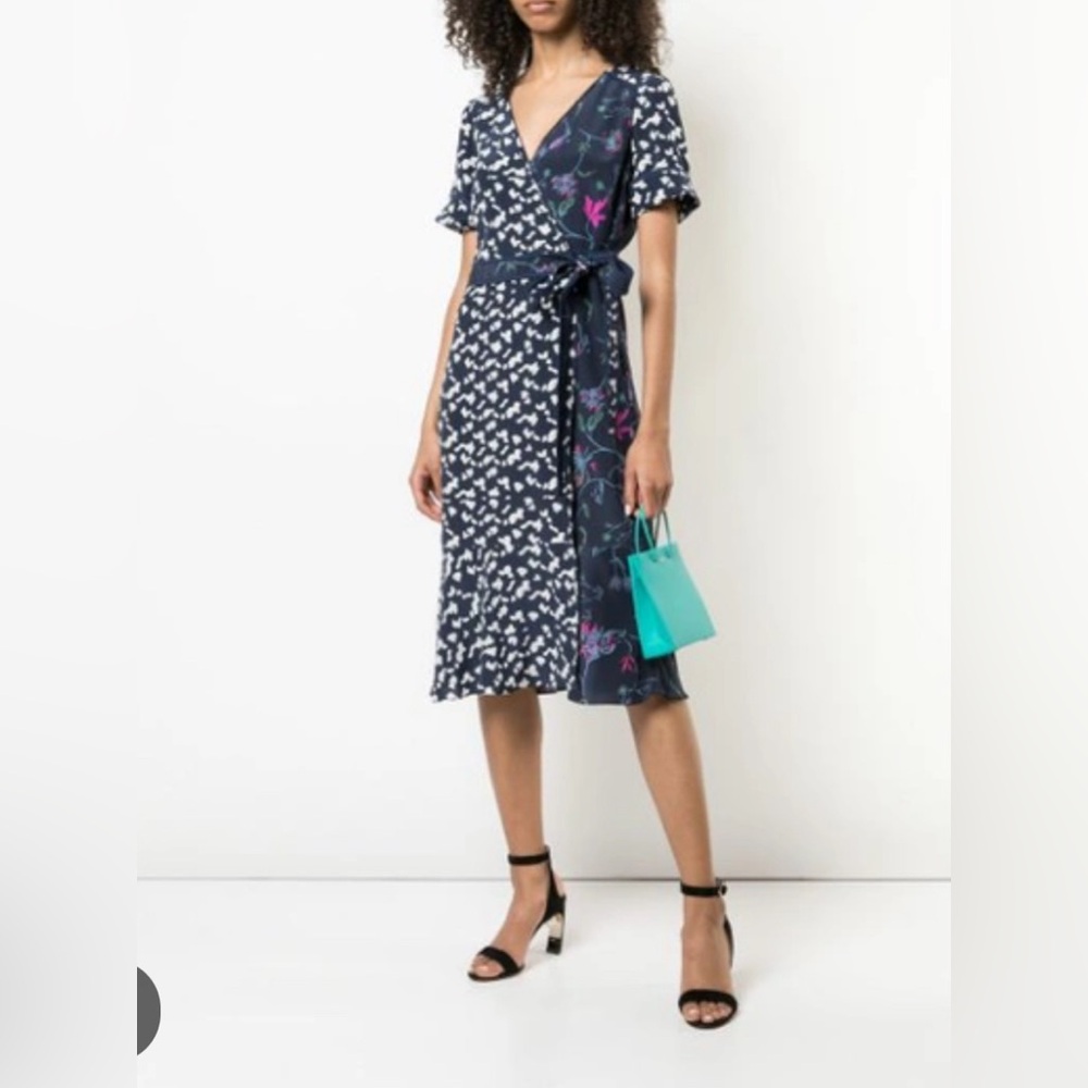 Tanya Taylor Luisa Mixed print Wrap dress in navy, size 0